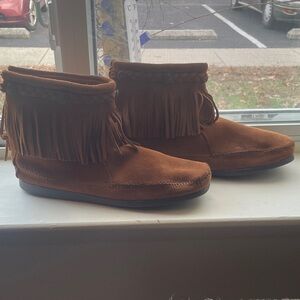 Minnetonka Brown Fringe Moccasins.
